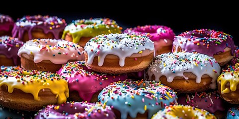 Fototapeta na wymiar AI Generated. AI Generative. Photo illustration of sweet deserts donuts bright color. Present party vibe. Graphic Art