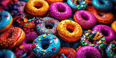 AI Generated. AI Generative. Photo illustration of sweet deserts donuts bright color. Present party vibe. Graphic Art