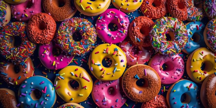AI Generated. AI Generative. Photo illustration of sweet deserts donuts bright color. Present party vibe. Graphic Art