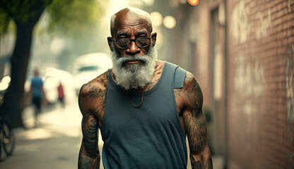 Portrait of a senior black man walking on a street. Generative AI
