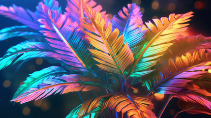  tropical leaves in fluorescent shades. Exotic rainbow plants wallpaper. Created in AI.