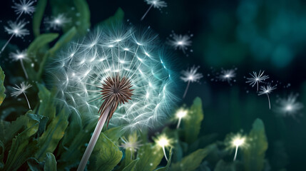 A fluffy dandelion scatters its seeds in a moonlit night sky. Created in AI.