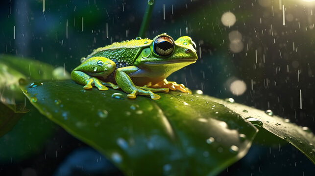 A tropical tree frog basks on a green leaf in the rain. Created in AI.