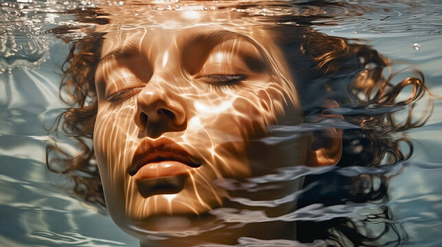 Sensual portrait of a girl in theatrical art style, a woman with closed eyes underwater. Created in AI.