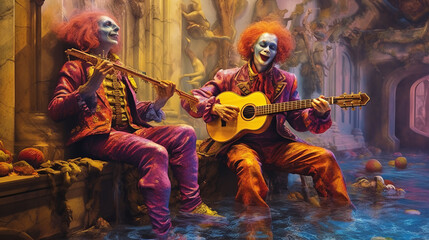 Rock musicians in the medieval style of jesters and funny clowns play guitars and balalaikas in the castle dungeon. Created in AI.