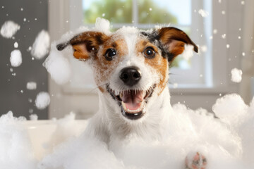 Funny joyful jack russell terrier dog in bathtub, soap foam flying all around. AI generative - obrazy, fototapety, plakaty