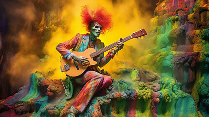 Fototapeta na wymiar Rock musicians in the medieval style of jesters and funny clowns play guitars and balalaikas in the castle dungeon. Created in AI.