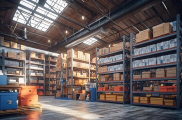 High racks in the warehouse of goods.