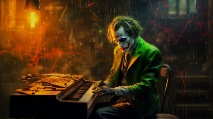 Rock and roll musician in steampunk joker style plays piano, scary clown performs composition. Created in AI.