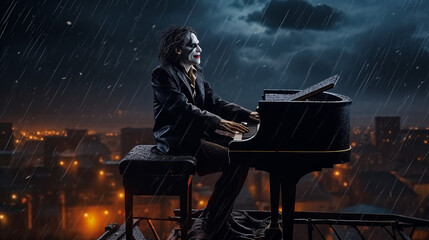 Rock and roll musician in steampunk joker style plays piano, scary clown performs composition. Created in AI. - obrazy, fototapety, plakaty