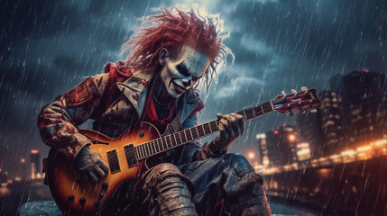 Rock and roll musician in steampunk joker style plays the guitar, clown on the roof of a skyscraper in a storm. Created in AI. - obrazy, fototapety, plakaty
