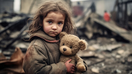 Little frightened crying child, with a bear. Earthquake and fire. Created in AI. - obrazy, fototapety, plakaty