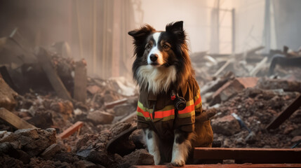 Rescue dog, after the earthquake, looking for survivors in the rubble. Created in AI.