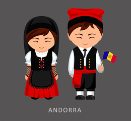 Woman and man in Andorra national costume. Andorrans couple, cartoon characters in traditional ethnic clothes. Flat vector illustration.