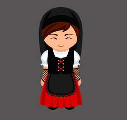 Andorran female cartoon character in traditional ethnic dress. Woman in Andorra national costume. Isolated flat vector illustration.