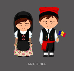 Woman and man in Andorra national costume. Andorrans couple, cartoon characters in traditional ethnic clothes. Flat vector illustration.