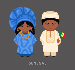 Woman and man in Senegal national costume. Senegalese couple, cartoon characters in traditional ethnic clothes. Flat vector illustration.