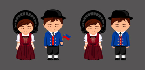 Liechtensteiners in national costume. Couple in Liechtenstein traditional clothes. Man and woman cartoon character. Isolated flat vector illustration.