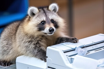 A raccoon in the office printing a photo on a printer. Generative Artificial Intelligence