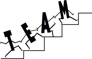 Business. Team work in business concept. 
Letters T, E, A, M going upstairs to success. Black and white illustration
