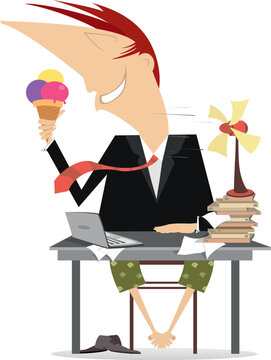 Heat in the office. Businessman, fan cooling air. Ice cream. 
Man in the office without pants and shoes trying to escape from the heat using a fan eating an ice cream
