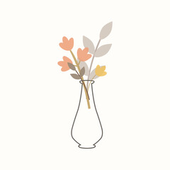 a vase with a flower. vector drawing. on a white background. scandinavian color fill. EPS 10. antique style.