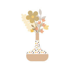 a vase with a flower. vector drawing. on a white background. scandinavian color fill. EPS 10. antique style.