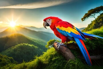 macaw in the front of sun in jungle 