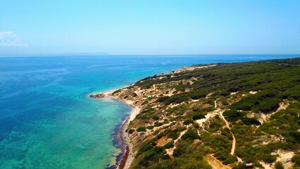 aerial view of the beautiful coastline at the Punta Paloma beach near Valdevaqueros, Tarifa,...
