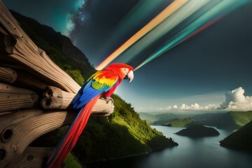 blue and yellow macaw and rainbow in the sky generated by ai