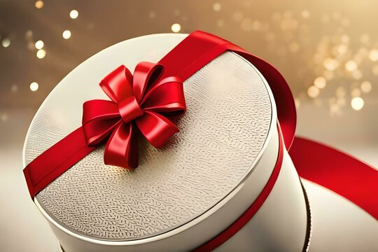 White gift box with a red bow. Created with generative Ai technology.