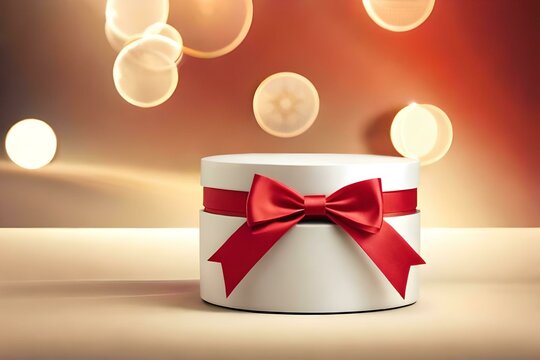 White gift box with a red bow. Created with generative Ai technology.