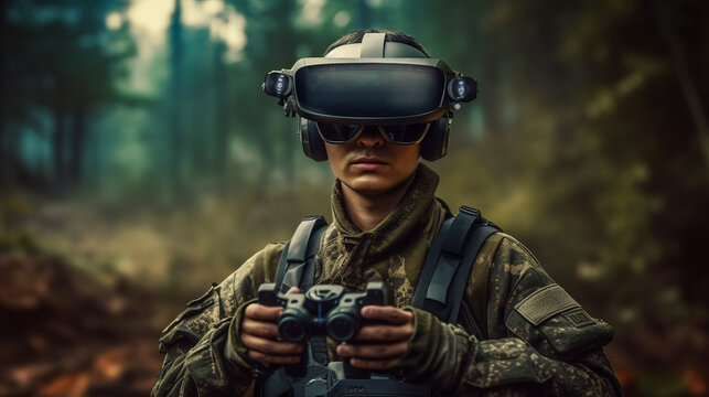 A soldier in VR glasses and with a remote control drone. Military intelligence. Generative Ai