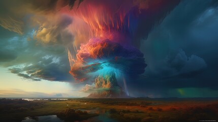 beautiful but scary big cloud tower covered sky with gradient colorful rainbow light, Generative ai
