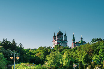 Orthodox Church, Cathedral, city park in the foreground, clear blue sky in the background