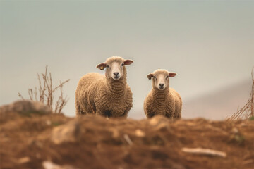 Fototapeta premium A minimalist photo of a sheep on isolated nature background a hyper