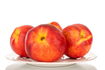Four sweet nectarines with white ceramic plate, macro, isolated on white background.