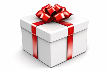 white gift box with a red bow on top against a plain background. Generative AI