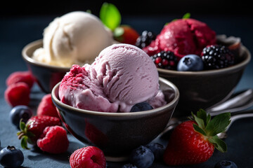 Various colorful ice cream sorts with fruits and berries. High quality photo Generative AI - obrazy, fototapety, plakaty