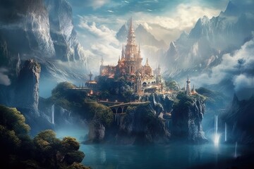 the idea of a fantasy world with magical landscapes and mythical creatures generated AI - obrazy, fototapety, plakaty