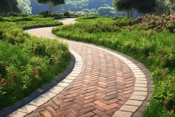 Wandcirkels aluminium Clinker brick path to the house, landscaping. Generative AI © ЮРИЙ ПОЗДНИКОВ