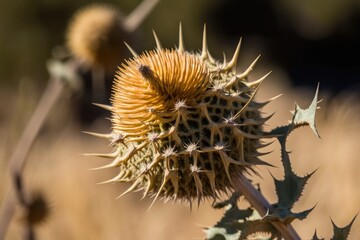 Close-up of a thorny dry plant on a natural backdrop. Thistle dried. Generative AI