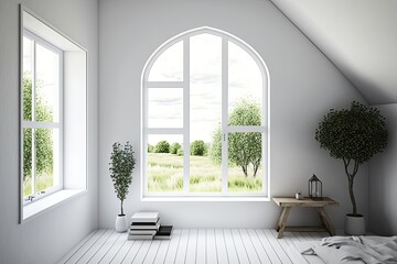 Fototapeta na wymiar A white, empty room with a view of a summer countryside via the window. Nordic-style interior design. Generative AI