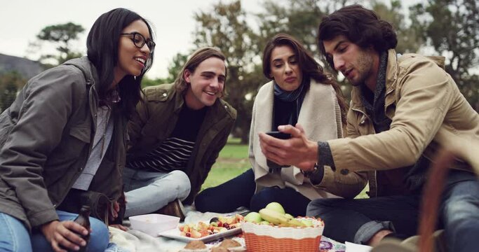 Park, picnic and phone by friends for meme sharing while bonding and enjoying snacks outdoor together. Food, forest and group of young people in nature on smartphone for streaming or internet search
