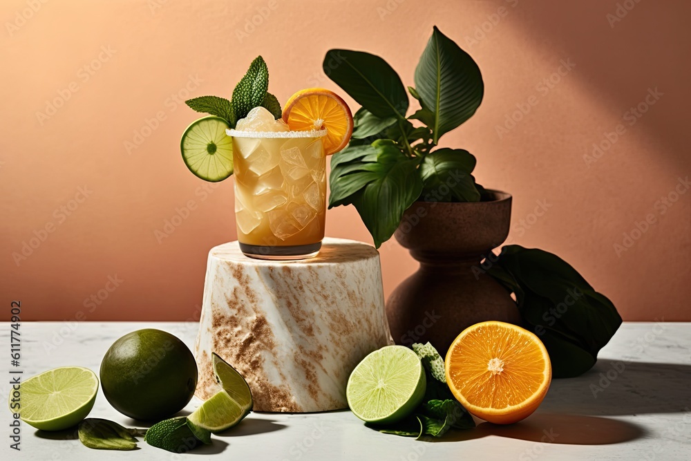 Poster a modern still life of a mojito, lemonade, or mai tai with lime and orange on a platform against a b