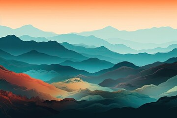 scenic mountain range at sunset, captured in a painting. Generative AI