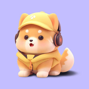 Dog mascot. Kawaii dog listen to music with headphones, wear cap and jacket. Cute cartoon pet character vector 3d illustration