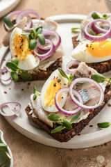 Smorrebrod sandwiches with herring fillet, rye bread, cream cheese, boiled egg slices, onion rings...