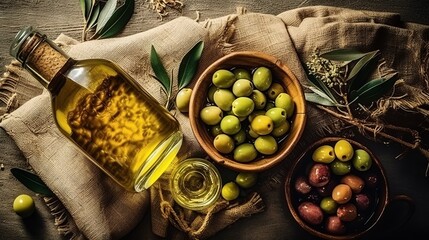Vegetable olive oil with green and black olives, vegetarian dressing for salads and cooking and frying. Healthly food. Generative AI
