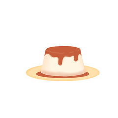 Pudding with melted chocolate on yellow plate